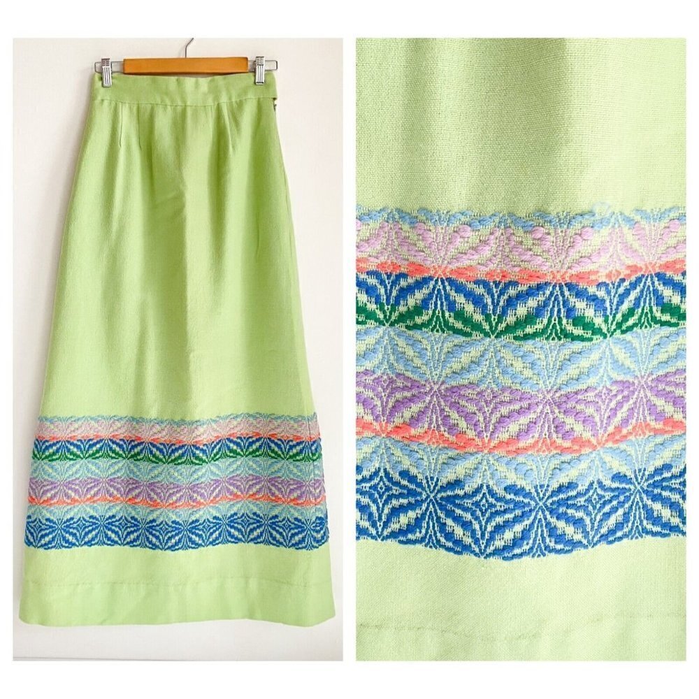 Vintage Lighweigth Wool Light Green Embroidered Ethnic Maxi Skirt S